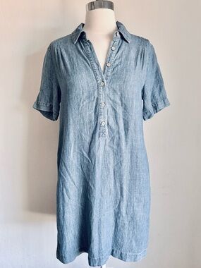 Faherty Hana Chambray Mini Shift Dress Blue Linen Pockets, Sz XS Coastal Summer